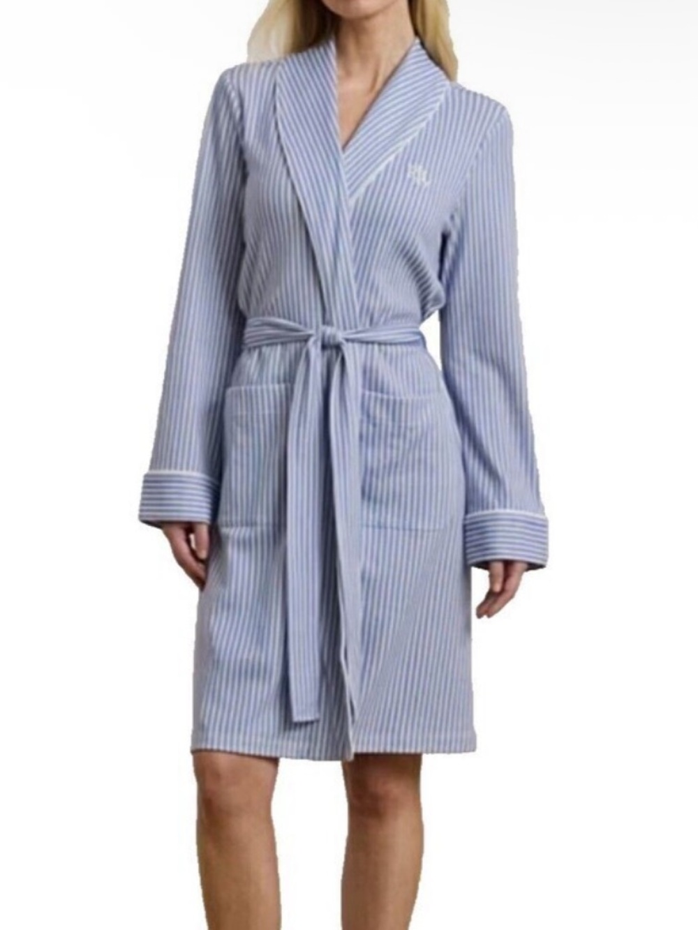 Ralph Lauren Women Sz L Blue White Striped Cotton Blend Robe Shawl Collar Belted